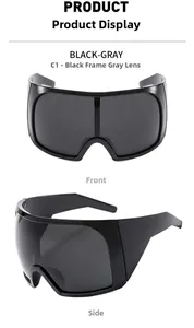 Front and side view of black wide frame sunglasses with integrated grey lenses and thick arms