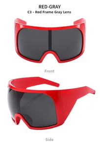 Front and side detail view of chunky red frame sunglasses with dark grey lenses