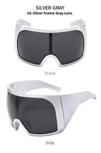 Front and side views of silver frame shield sunglasses with grey lenses and futuristic design
