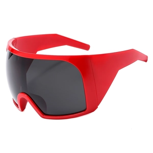 Futuristic red thick frame sunglasses with oversized dark shield lenses for men and women