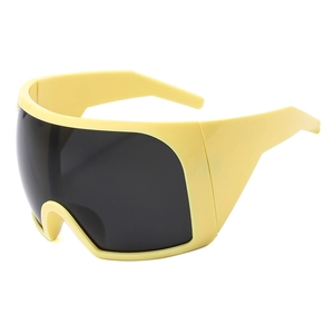 Futuristic yellow shield sunglasses with wide frame and dark lenses for men and women