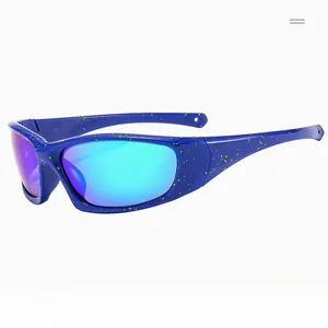 Macro shot of blue athletic sunglasses frame with yellow splash texture and rainbow lenses