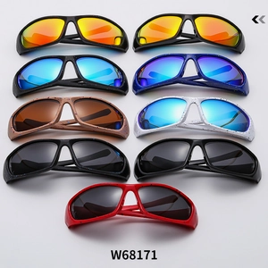 Matrix display of nine colorful sports sunglasses with speckled frames and polarized lenses