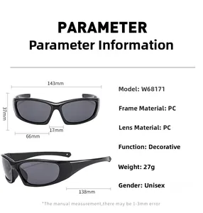 Detailed size specifications for black wraparound sports sunglasses with PC frame and lens
