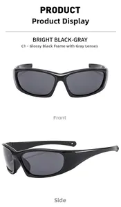Detail of streamlined sports sunglasses with bright black frames and grey lenses for cycling