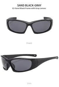 Front and side view of sand black sports sunglasses with red and blue splatter pattern