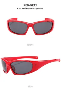 Macro detail of red frame sports sunglasses with black splash ink texture and gray lenses