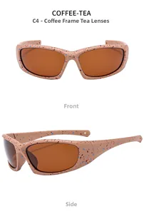 Detailed front and side views of sport sunglasses in coffee frame with tea lenses