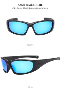 Detail of matte black sports sunglasses with blue mirror lenses and red-blue speckles