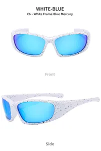 Front and side views of sports sunglasses featuring white ink splatter frames and blue lenses