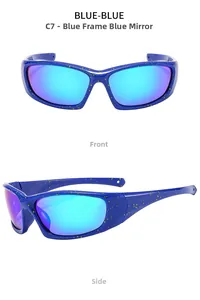 Front and side views of wrap-around sports sunglasses in blue frames with yellow splatter