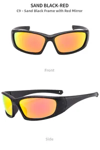 Front and side views of sand black sports sunglasses with red and blue splatter pattern