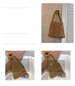 Brown woven cotton bag details showing dimensions 20x19x6cm and size comparison