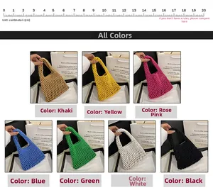 Collage of handmade crochet beach tote bags showing seven vibrant colors and mesh detail