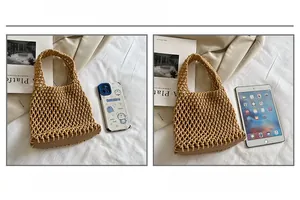 Size comparison of a handwoven cotton mesh beach tote bag next to a tablet and smartphone