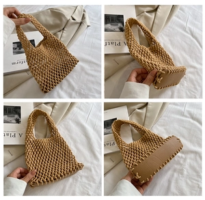 Detail of hand-woven cotton rope bag with reinforced leather base and contrast stitching