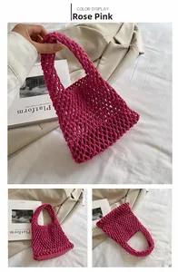 Detail of rose pink hand-woven hollow cotton rope bag with integrated handles and base support
