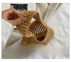 Detailed interior view of handmade cotton rope woven bag with hollow mesh design