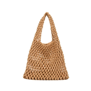 Handwoven khaki cotton rope tote bag with mesh hollow design and sturdy leather base