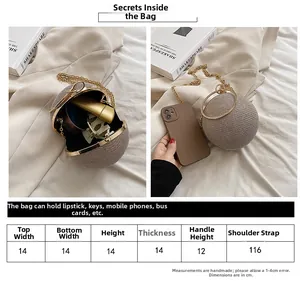 Size chart for rhinestone spherical clutch with dimensions and interior capacity view