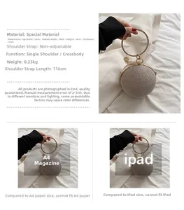Detailed size specifications for spherical rhinestone evening bag with chain strap
