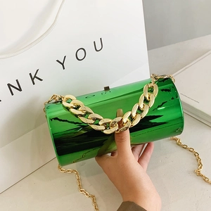 Fashionable green acrylic mirror cylinder bag with golden chain strap for evening parties