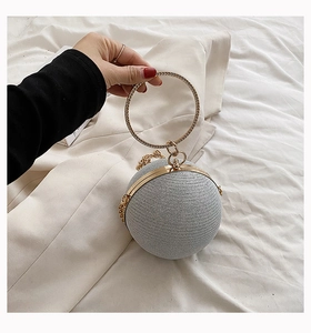 Detail of silver spherical evening bag with rhinestone ring handle and gold chain strap