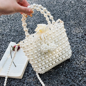 Sac À Main Künstliche Perles Imitation Tissé Main Style Rétro Sac Seau Avec Pochette Cordon Satin Bandoulière Amovible Femmes