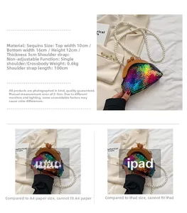 Detailed size comparison of the sequin shell bag with a tablet and magazine