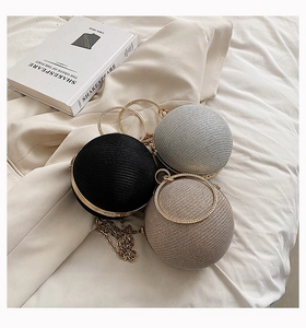 Detailed view of spherical rhinestone evening bags in black, silver, and gold colors