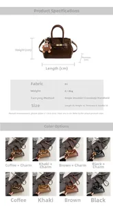 Detail view of the French style PU leather bag including exact size dimensions and charms