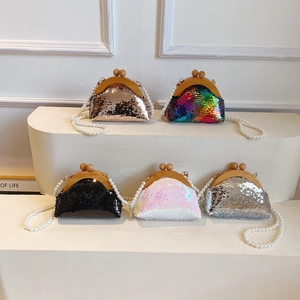 Sequin Evening Bag For Women With Wooden Clasp And Faux Artificial Pearl Chain Strap Retro Shell Shape Crossbody Clutch Party