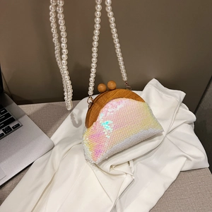 Sequin shell evening bag with pearl chain strap and vintage wooden clasp closure