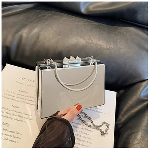 Detail of silver mirror acrylic box bag with metal snake chain handle and polished finish