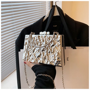 Detail of silver acrylic clutch bag featuring hammered texture and metallic chain strap