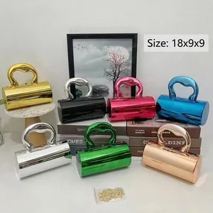 Women Acrylic Cylinder Evening Bag Mirror Finish Artistic Handle Chain Crossbody Box Clutch Fashion Party Handbag
