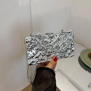 Irregular Wave Texture Acrylic Box Clutch Bag With Chain Strap Metallic Hard Shell Evening Party Crossbody Bag For Women
