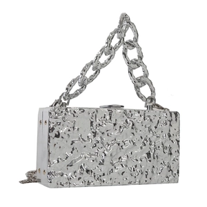 Chic silver acrylic clutch bag with fluid metal texture and chunky chain strap