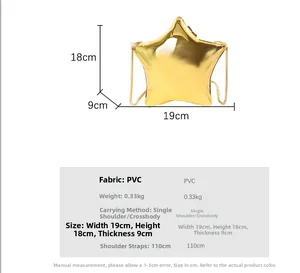 Größentabelle für goldene sternförmige Umhängetasche aus glänzendem PVC mit Kettengurt