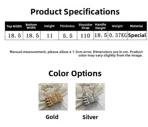 Size chart for bow-shaped acrylic evening bag with metal chain and pearl clasp detail