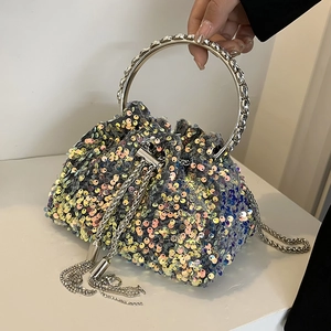 Sequin Bucket Bag Spring Summer Rhinestone Metal Circular Grip Shiny Evening Party Handbag With Chain Strap For Women Cinched