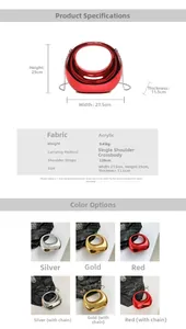 Detailed size chart and specifications for the acrylic half-moon evening clutch bag