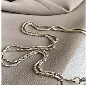 Detail of a shiny silver snake chain strap for the mini acrylic heart-shaped crossbody bag