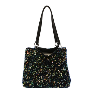 Sac fourre-tout à paillettes arc-en-ciel avec anses noires et anneaux métalliques