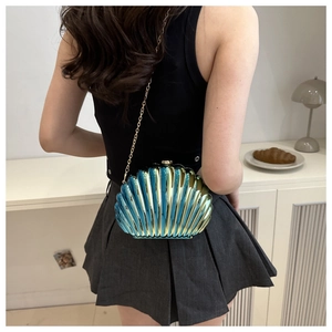 Iridescent shell evening bag with gold chain strap shown on a model in a minimal setting
