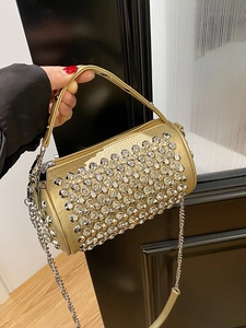 Champagne gold cylindrical rhinestone evening bag with round handle and silver chain strap