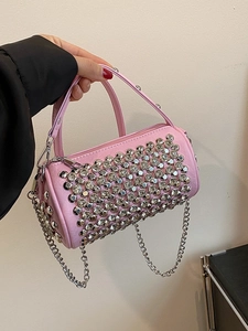 Pink rhinestone cylinder bag with silver chain strap for elegant evening party wear