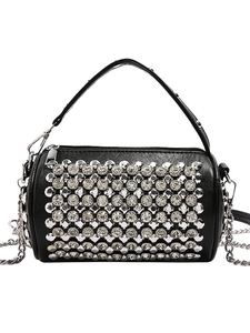 Fashionable black rhinestone cylindrical crossbody bag with silver chain strap and top handle