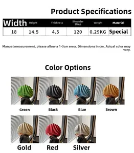 Detailed size table and multiple color options for the shell-shaped acrylic evening bag