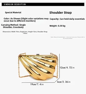 Macro detail of gold shell-shaped acrylic evening bag with dimensions and chain strap